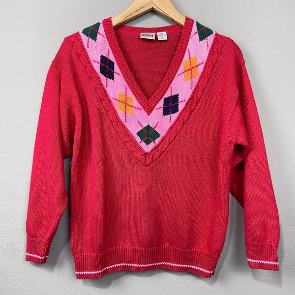 Vintage Huntington Ridge Argyle Sweater Size M Knit‎ Pullover Preppy Maximalist - Picture 1 of 11